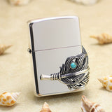 Genuine Zippo oil lighter copper windproof Turquoise feather - forsmoking