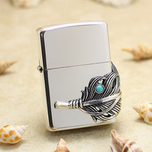 Genuine Zippo oil lighter copper windproof Turquoise feather - forsmoking